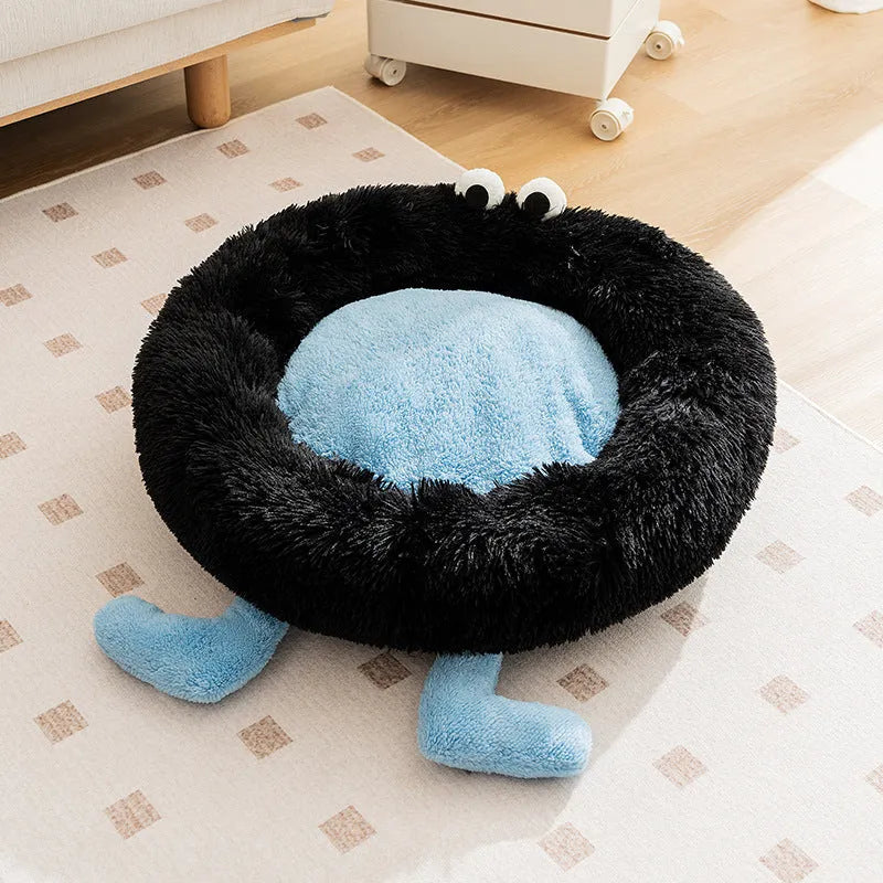 Blue plush kennel-style pet bed with fleece lining for dogs and cats in winter