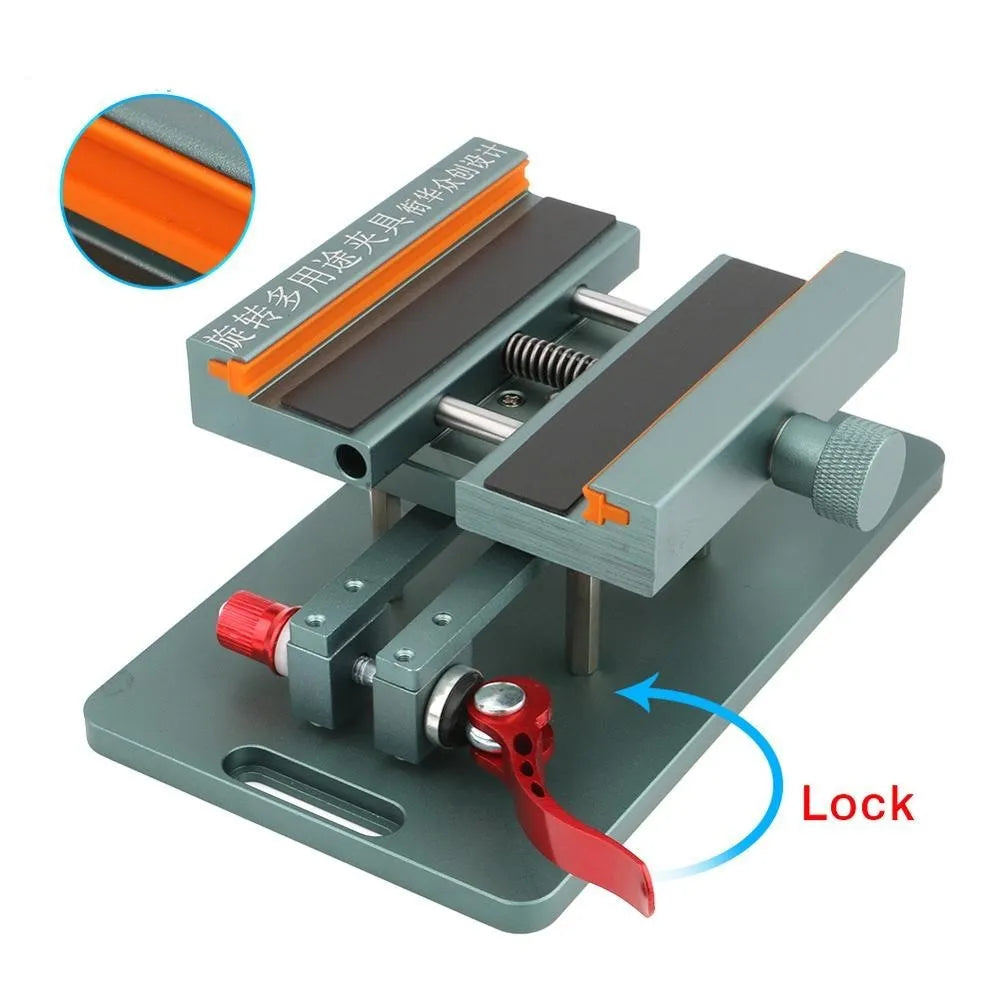 Mobile phone repair fixture tool with silicone grips and adjustable clamp for disassembly.