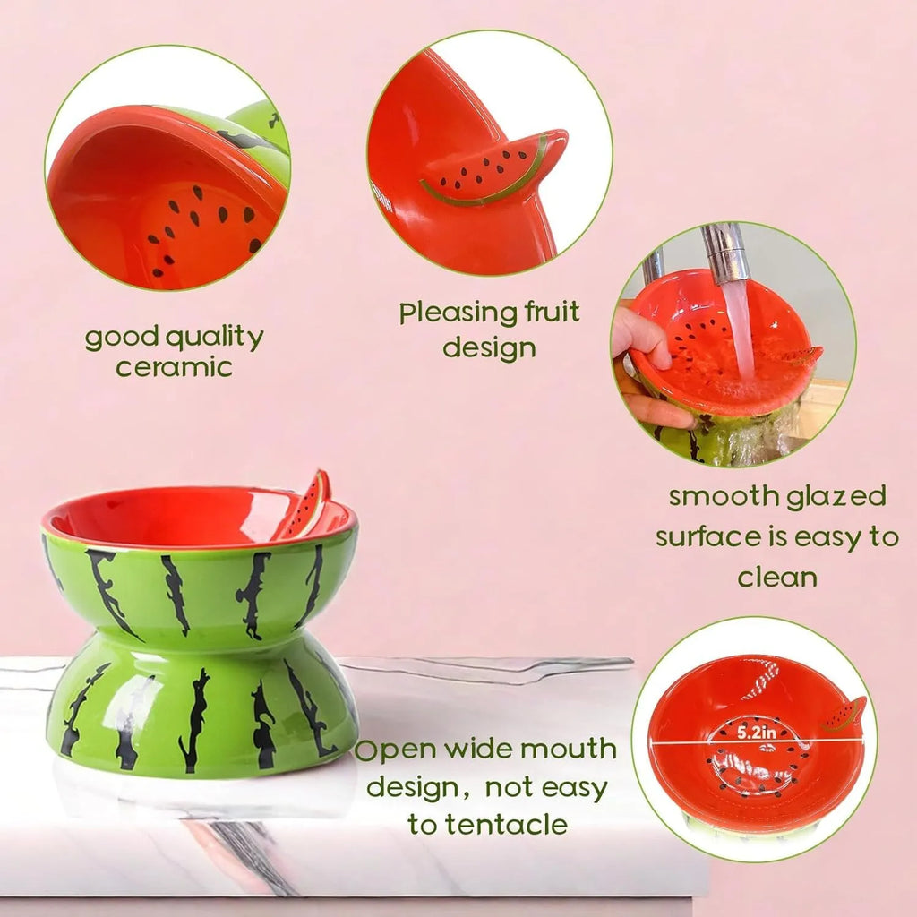 Ceramic raised cat bowl in orange with tilted design for food and water