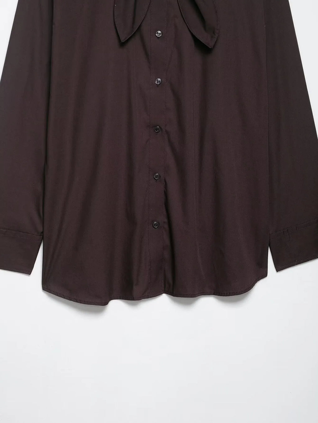 Brown women's poplin shirt with bow tie scarf detail, loose fit long sleeve office blouse