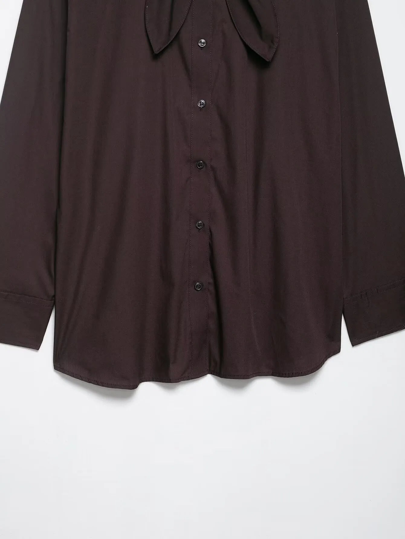 Brown women's poplin shirt with bow tie scarf detail, loose fit long sleeve office blouse