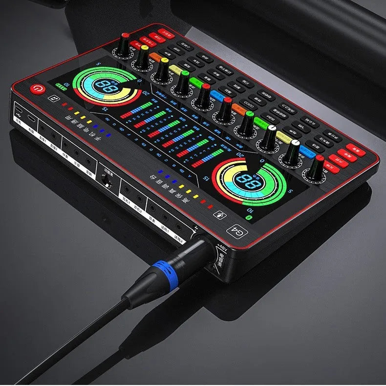 G4 professional sound card mixer with LCD display, microphone, remote control, and audio cables