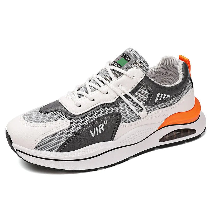 Men's grey breathable mesh casual trainers with a round toe and lightweight EVA sole.
