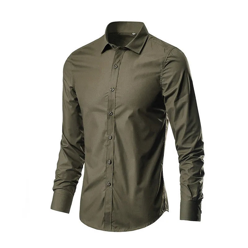 Linen long-sleeve loose fit slim shirt shown in a choice of colours including black, white, and navy blue.