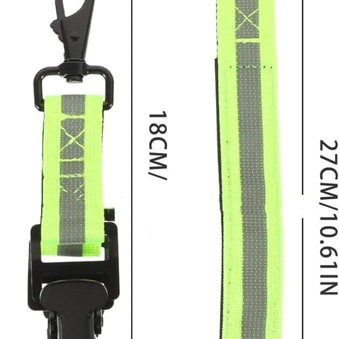 Fluorescent green reflective metal buckle clip for securing fireman gloves.