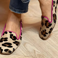 Women's suede leopard print rose red edge square toe slip-on flat pumps with low heel