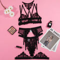 Black women's embroidery stitching mesh bra with three-point style design shown in Asian sizing