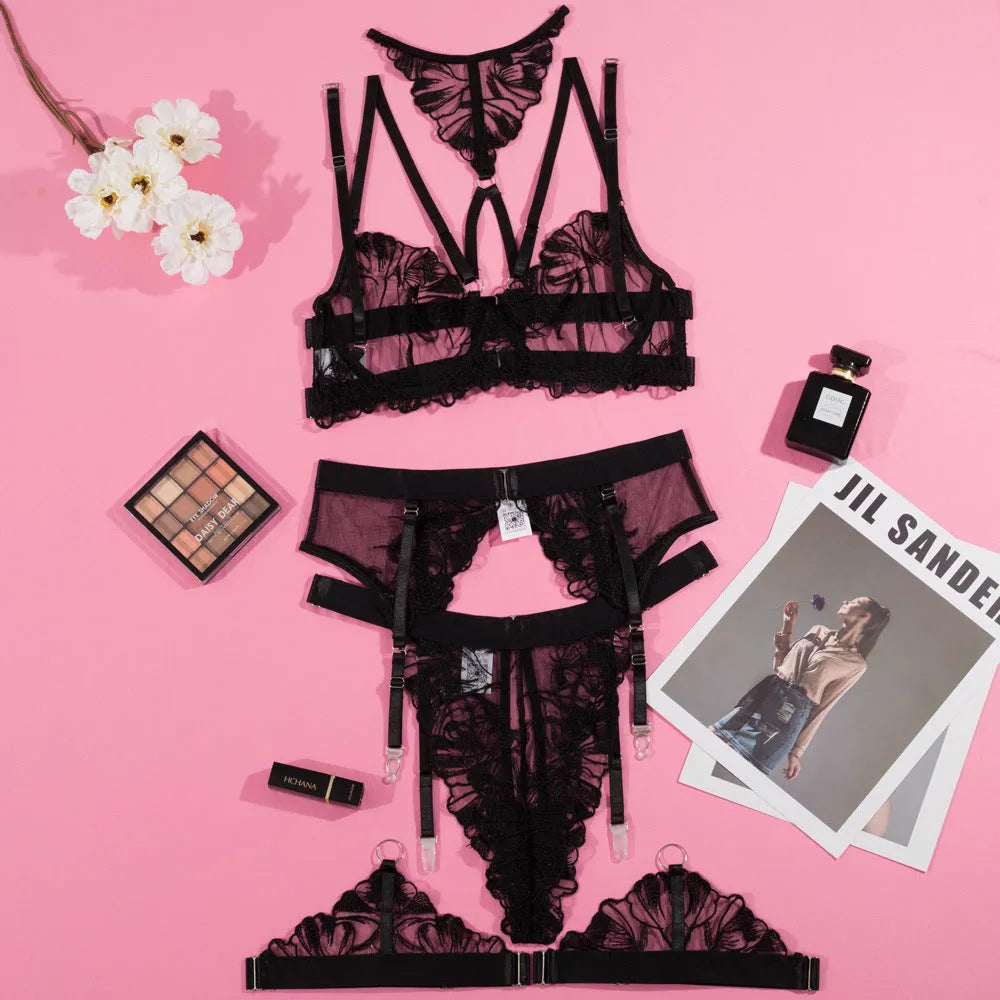 Black women's embroidery stitching mesh bra with three-point style design shown in Asian sizing