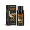 10ml glass bottle of men's massage essential oil with dropper, labelled with ingredients.