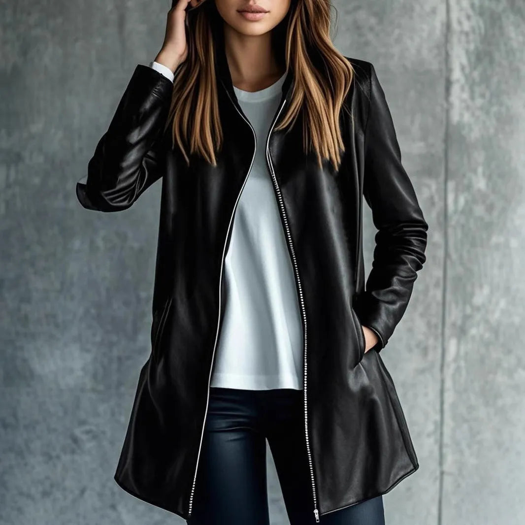 Black mid-length polyester leather jacket for women on a hanger.