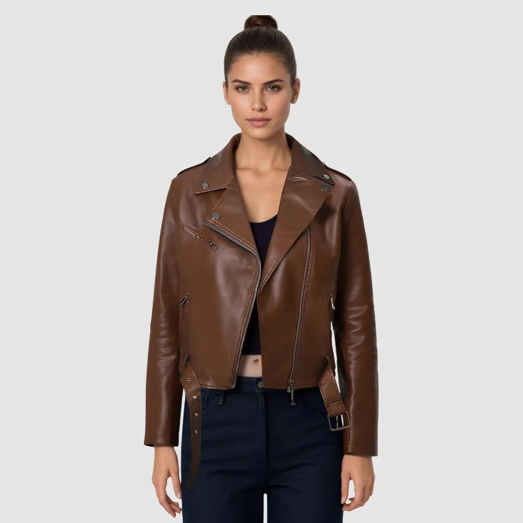 Women's black PU leather motorcycle jacket with lapel collar and short waist belt.