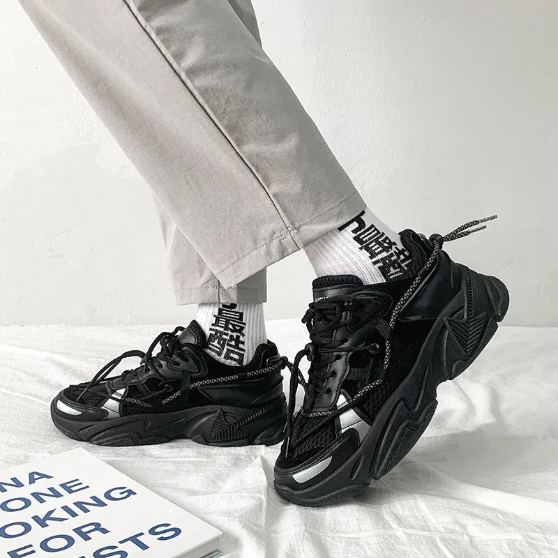 Men's Korean style platform dad shoes in three colours with lace-up front and mesh lining