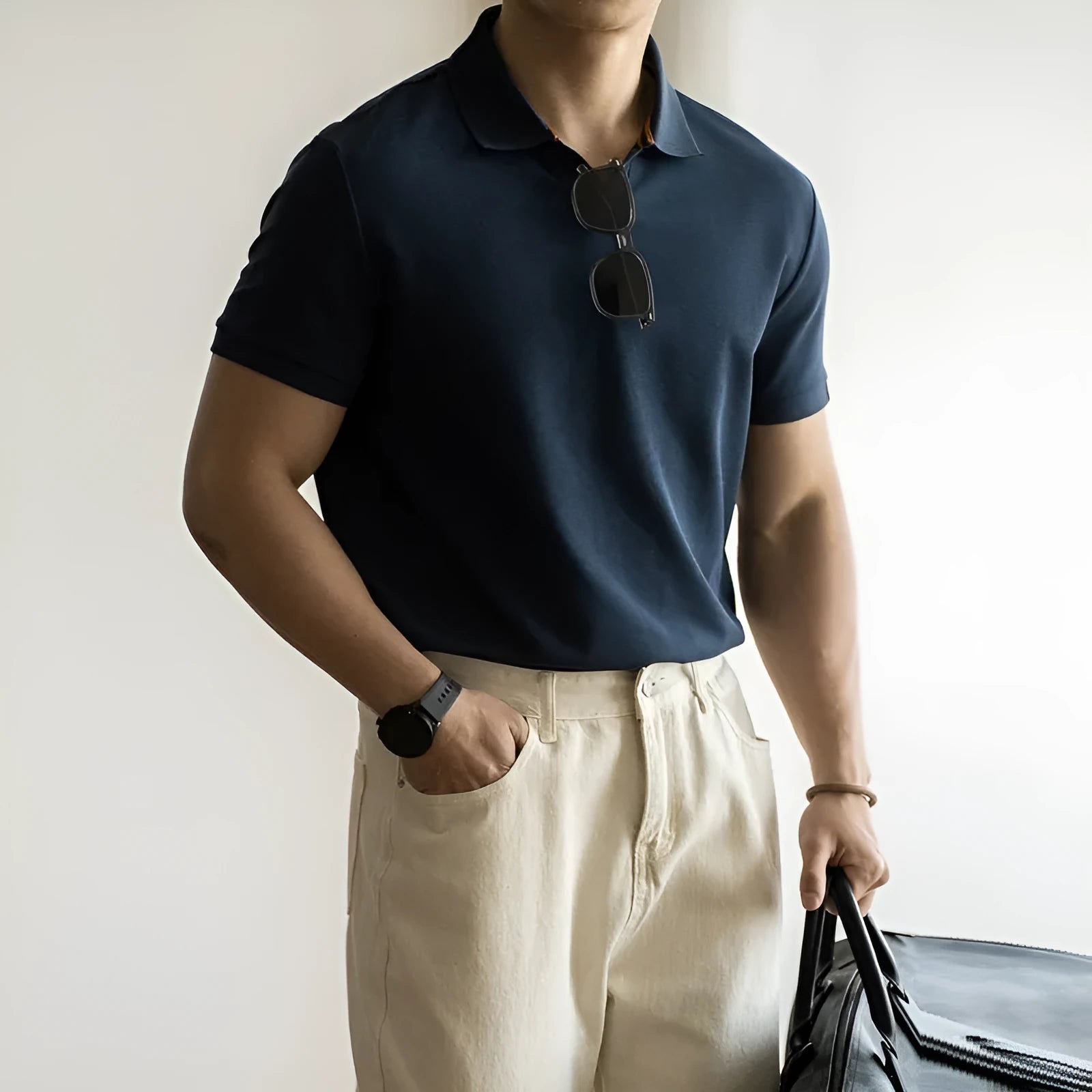 Men's blue cotton blend short-sleeve polo shirt on a hanger, showing the collar and regular fit.
