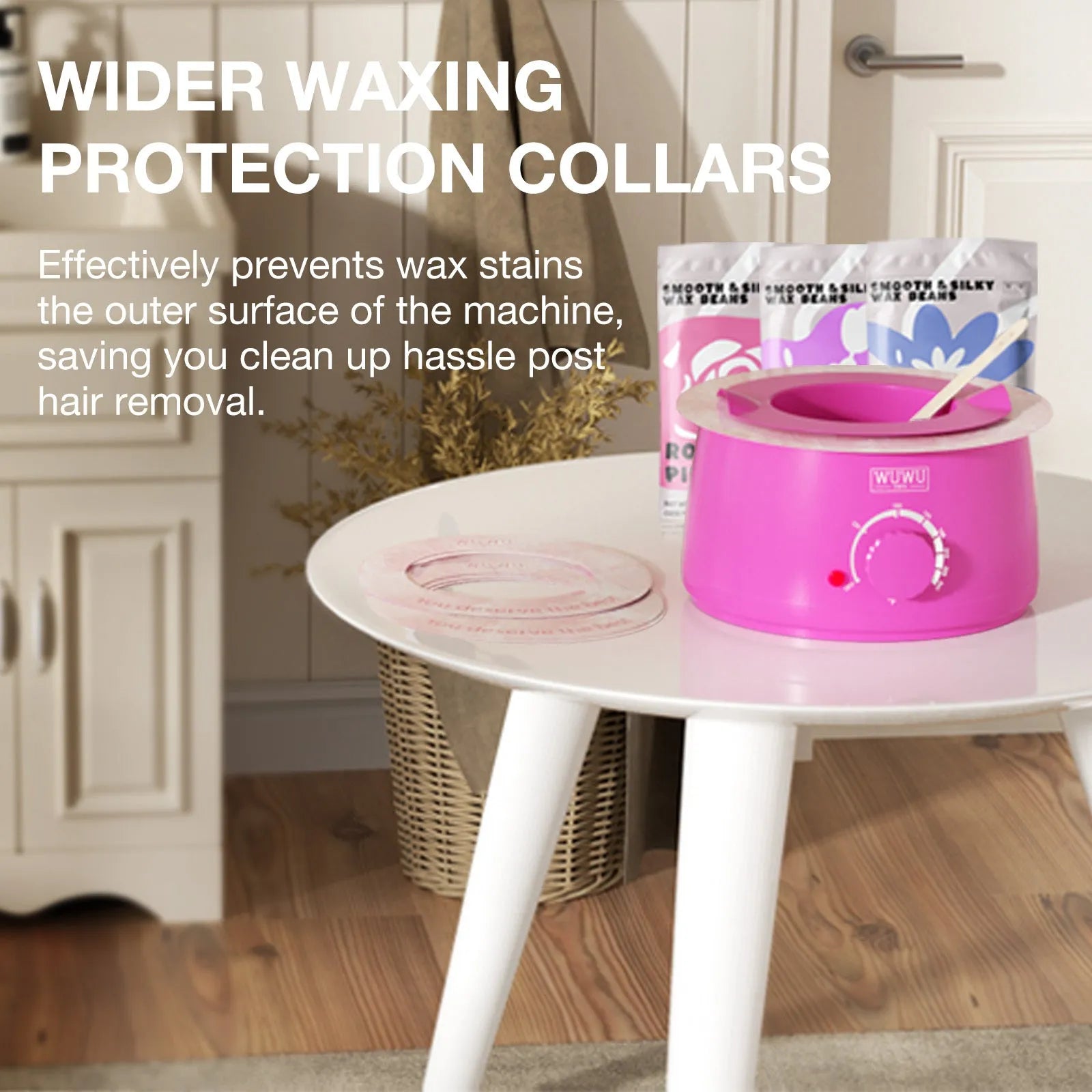 Professional waxing kit with wax warmer, hard wax beans, tools and aftercare products for hair removal