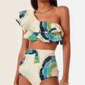 White women's one-shoulder swimsuit with double-layer lotus leaf design and high side leg split