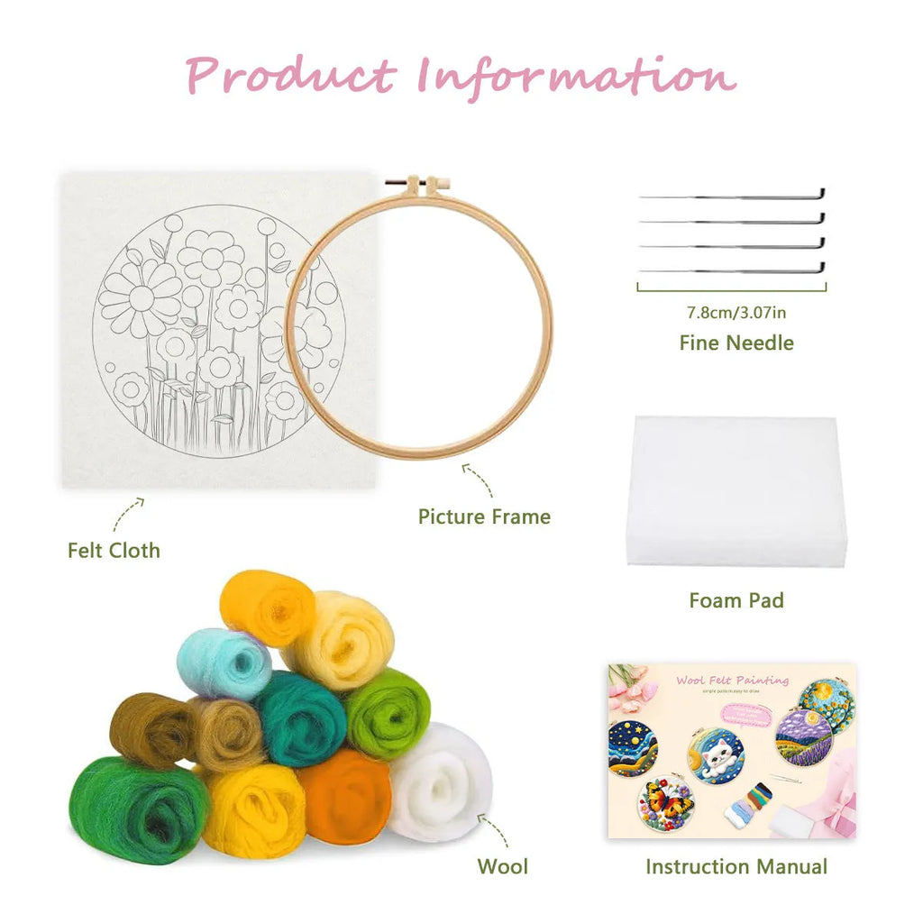 Wool felt embroidery kit with linen fabric, embroidery frame, and floral pattern for three-dimensional blanket painting
