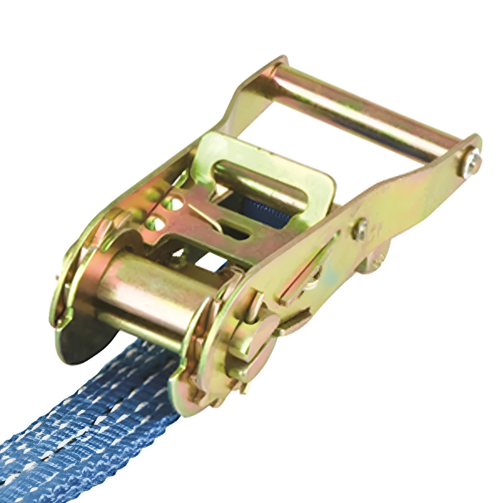 Ratchet tensioner cargo binding strap with double steel hooks on a polyester belt.