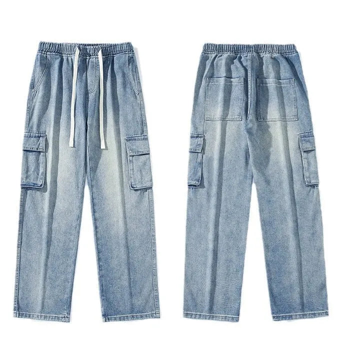 Men's straight leg cotton jeans in light blue and dark blue American retro style for spring