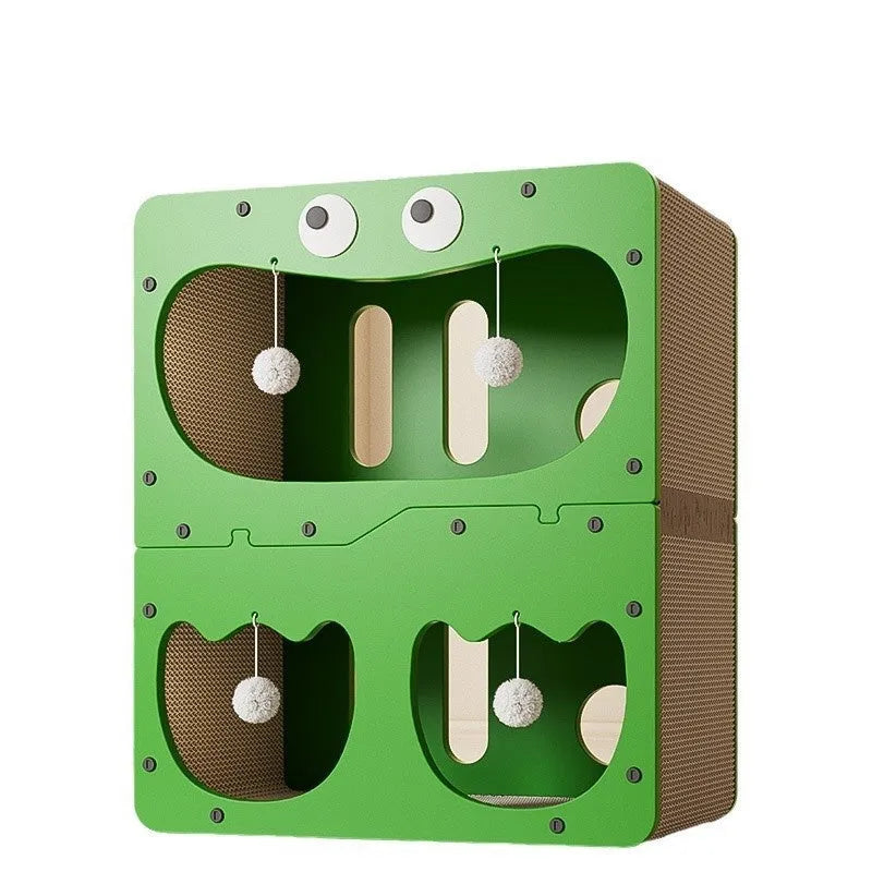 Double-layer cat scratching board with integrated cat nest in primary colours