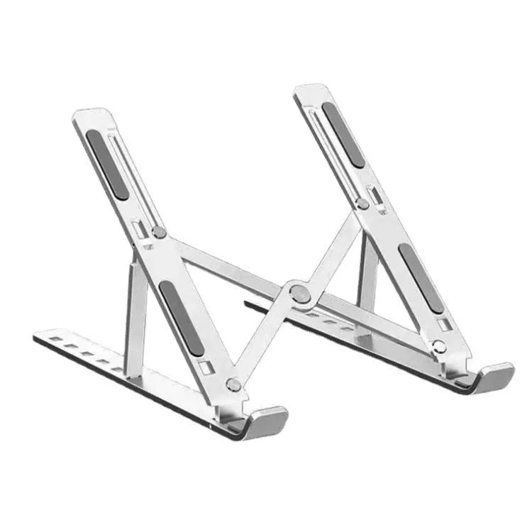 Aluminium alloy folding laptop stand in black, shown elevated with a laptop for improved cooling and ergonomics.
