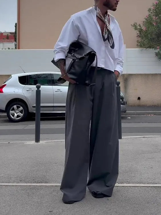 Men's plain grey high waist wide leg full-length polyester casual trousers