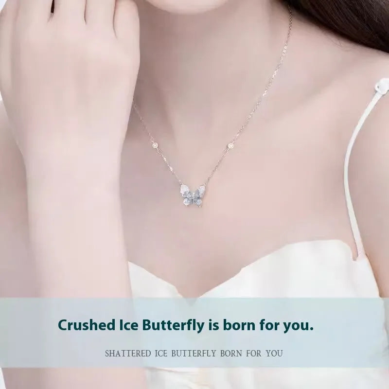 Silver Bingyu butterfly necklace with ice rain design on O-ring chain