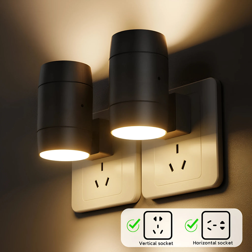 Small white induction night lamp plugged into wall socket with adjustable brightness and rotatable warm light
