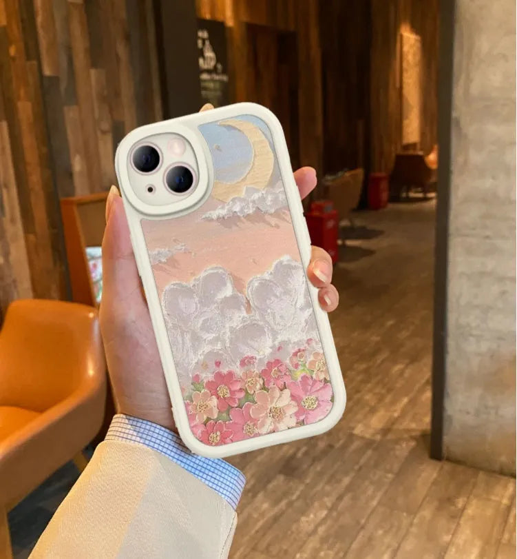 Oil painting moon flower silicone iPhone protective case on a phone