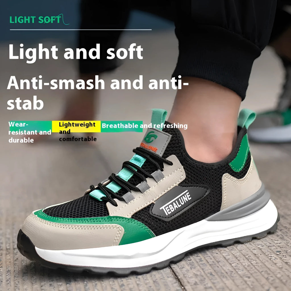 Black and green plastic steel toe safety shoes with mesh upper panels and TPU sole