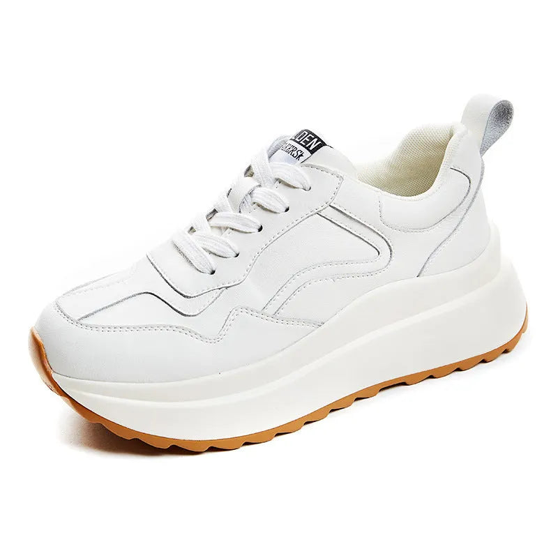 Women's beige cattlehide leather casual sports shoes with English muffin heel and cross strap design