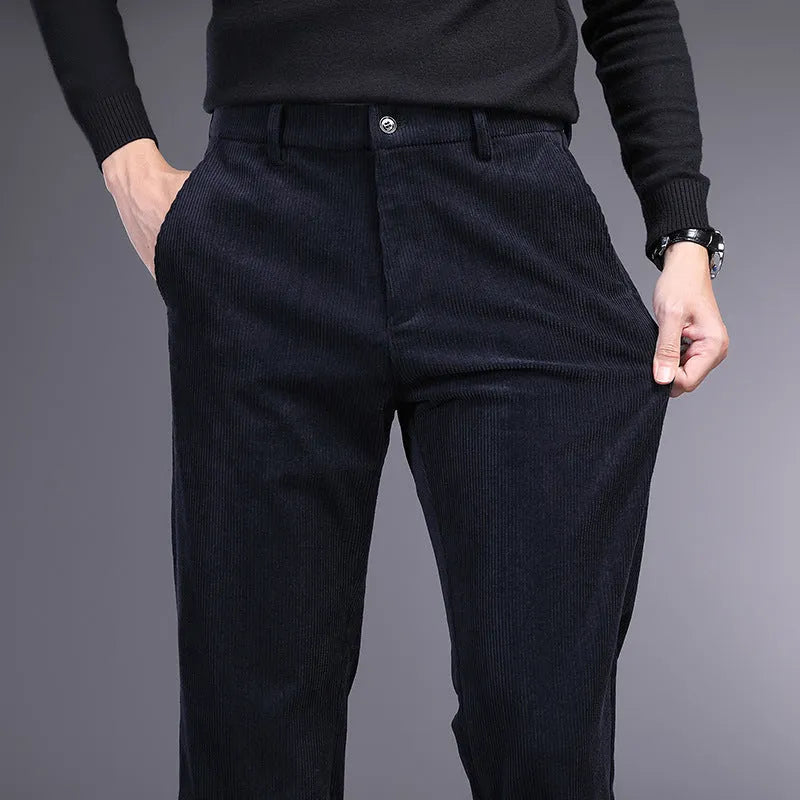 British retro striped straight leg trousers in a chemical fibre blend, shown in khaki colour.