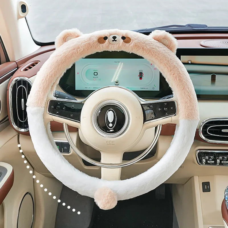 Plush thermal car steering wheel cover with embroidered cartoon pattern measuring 38cm diameter