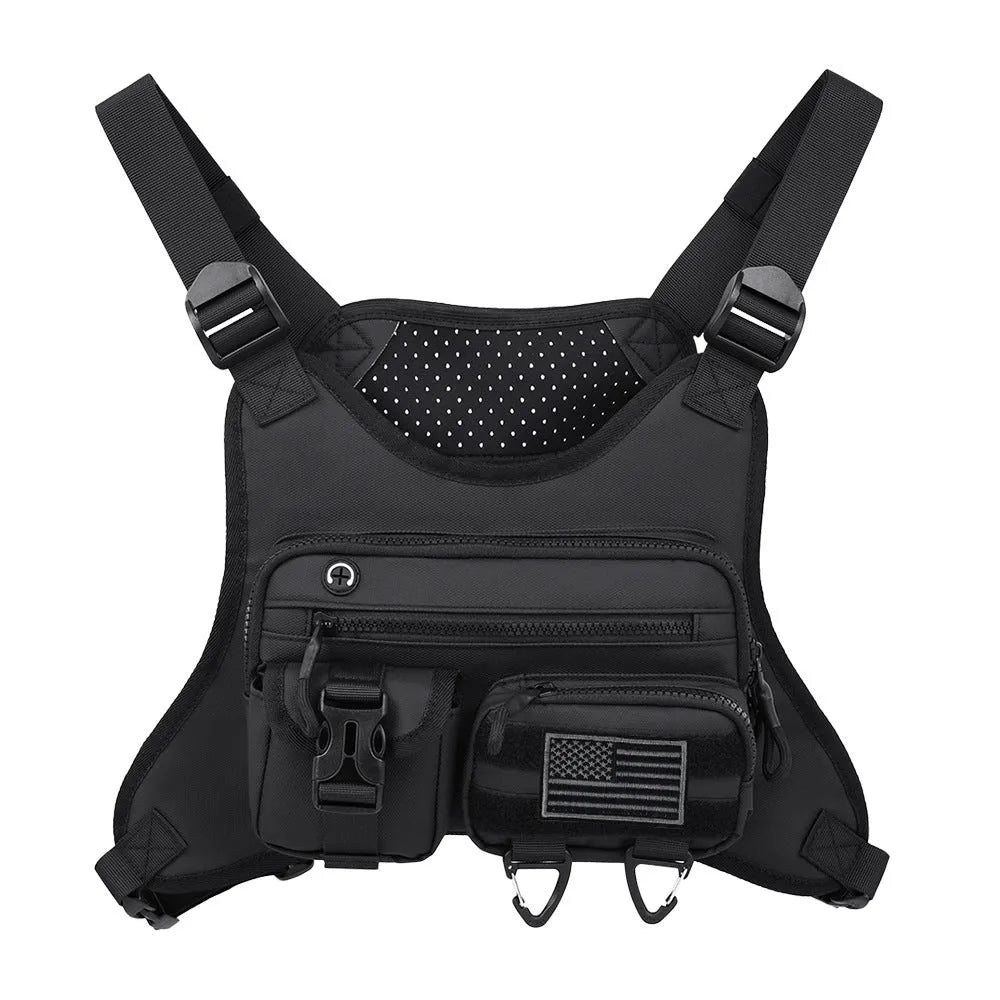 Oxford cloth chest bag with breathable vest design for riding and cycling in black colour