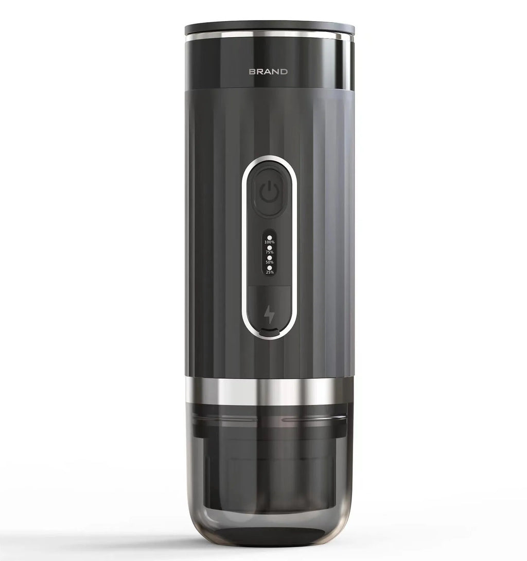 Black portable K Cup coffee machine for camping and car use with USB charging