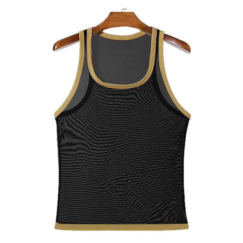 Men's solid colour polyester mesh fitness vest in white, showing straight hem design.