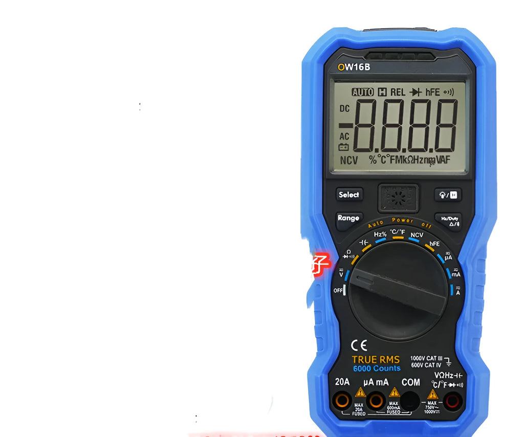 Handheld digital multimeter on a workbench with test probes.