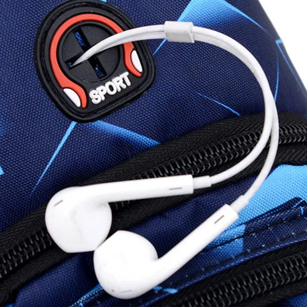 Black print sling chest crossbody bag with earphone hole and zipper pocket.