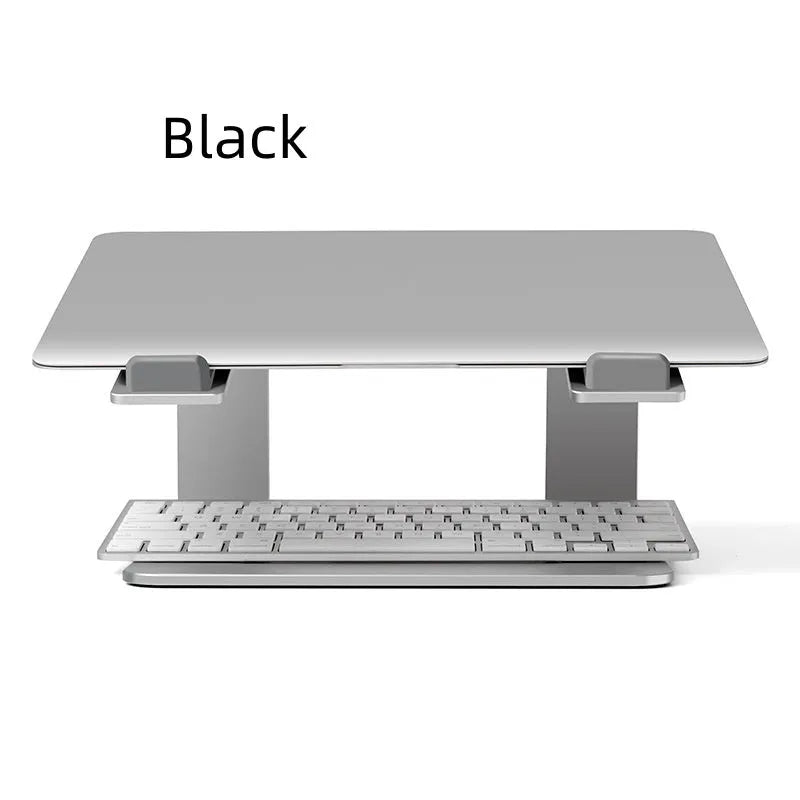 Black aluminium alloy laptop stand on desk with laptop elevated