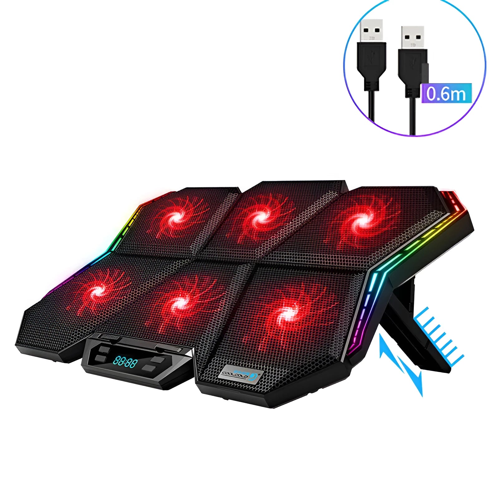 Black and red notebook cooling pad with six visible fans measuring 426mm wide