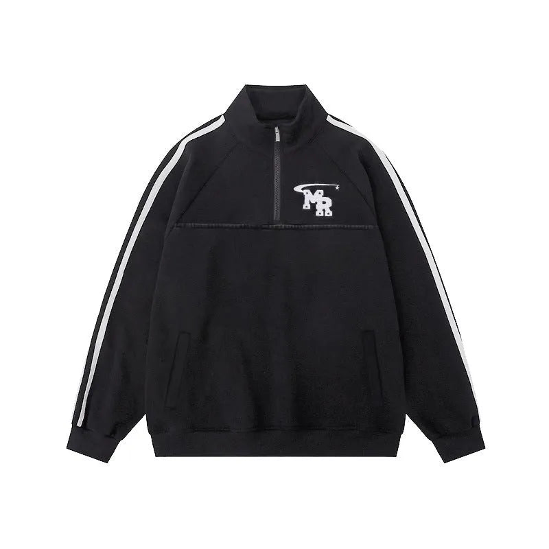 Black American retro stand collar long sleeve couple hoodie made from polyester fabric.