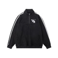 Black American retro stand collar long sleeve couple hoodie made from polyester fabric.