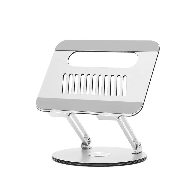 Silver aluminium alloy laptop stand with rotatable top and foldable design on desk
