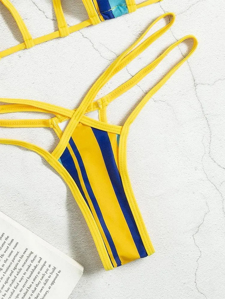 Yellow women's split swimsuit with high waist, backless design and neck-hanging style