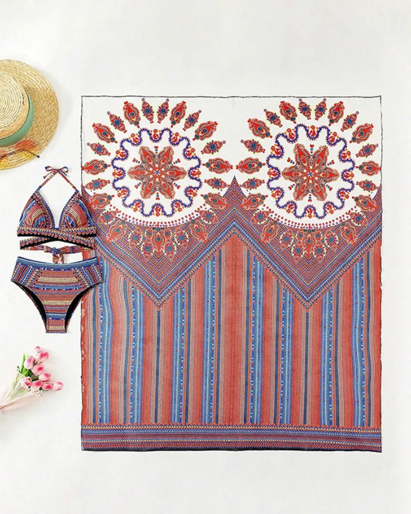 Three-piece women's swimsuit set with high waist briefs, sleeveless cutout blouse and matching coat