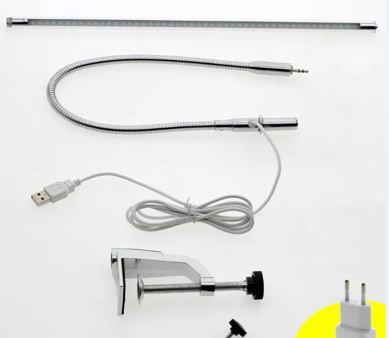 Silver aluminium alloy USB LED table lamp with a long arm and clip, showing 48 SMD beads for nail lighting.