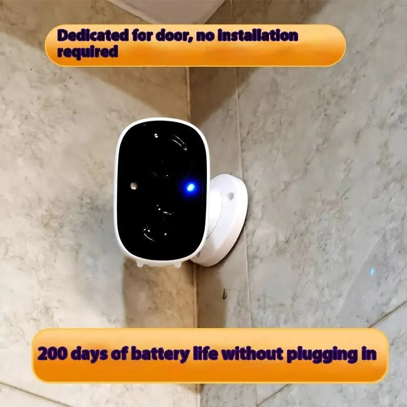 Battery-powered wireless indoor surveillance camera with WiFi connectivity and self-contained bracket