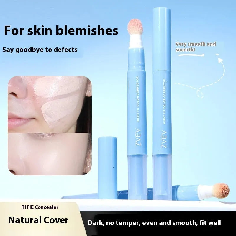 Concealer pen with sponge brush head applicator shown in brightening, pink, and natural flesh colour shades.