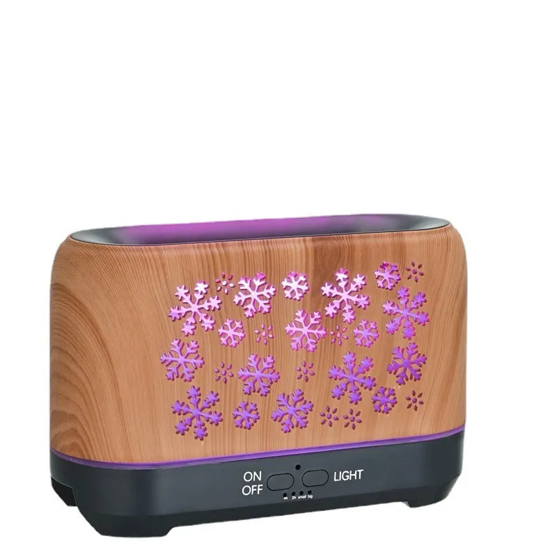 Square plastic humidifier with snowflake wood grain pattern emitting mist and 7-colour flame light effect