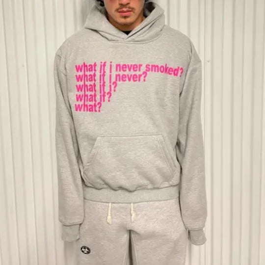 Black hooded sweater with white letter print pattern showing front view with hood up