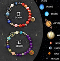 Two natural stone beaded bracelets featuring zodiac sign designs on a dark background.